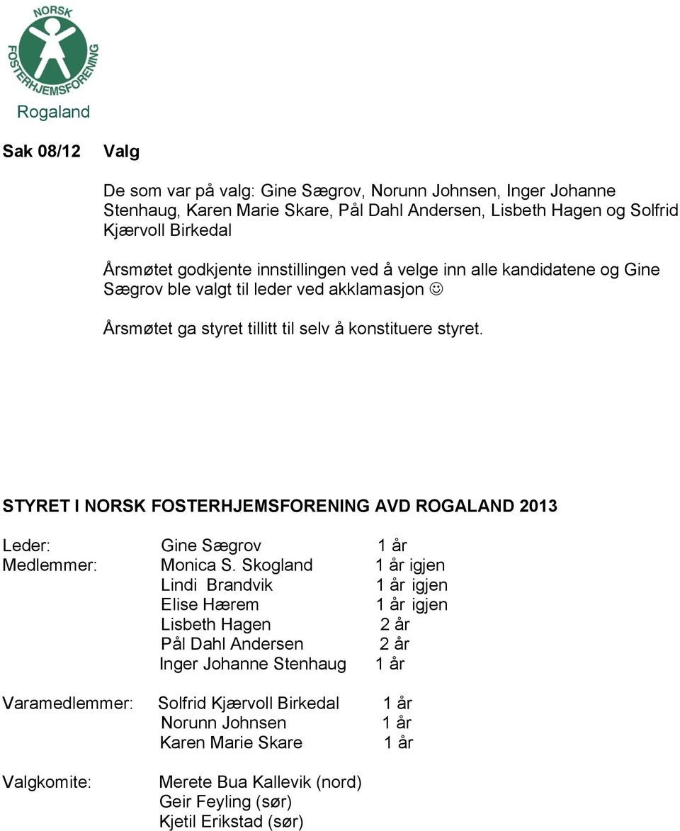 STYRET I NORSK FOSTERHJEMSFORENING AVD ROGALAND 2013 Leder: Gine Sægrov 1 år Medlemmer: Monica S.