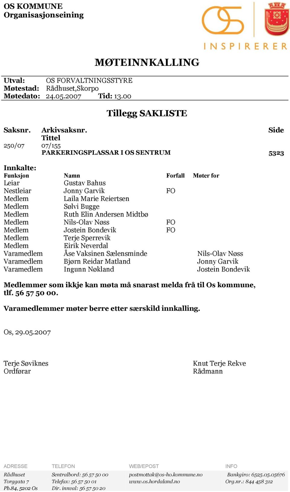 Andersen Midtbø Nils-Olav Nøss FO Jostein Bondevik FO Terje Sperrevik Eirik Neverdal Varamedlem Åse Vaksinen Sælensminde Nils-Olav Nøss Varamedlem Bjørn Reidar Matland Jonny Garvik Varamedlem Ingunn