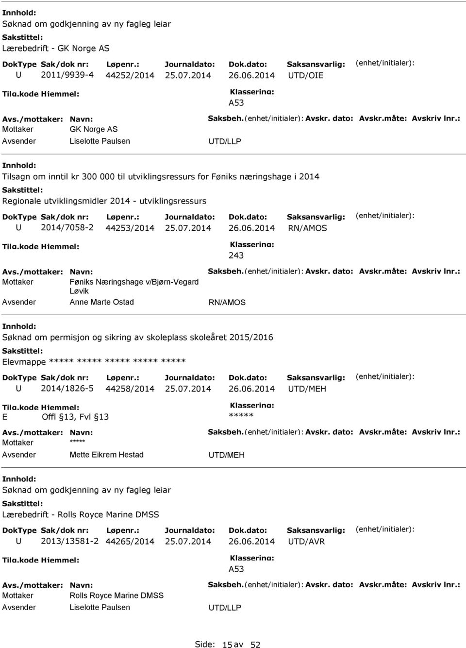 44253/2014 RN/AMOS Avs./mottaker: Navn: Saksbeh. Avskr. dato: Avskr.måte: Avskriv lnr.