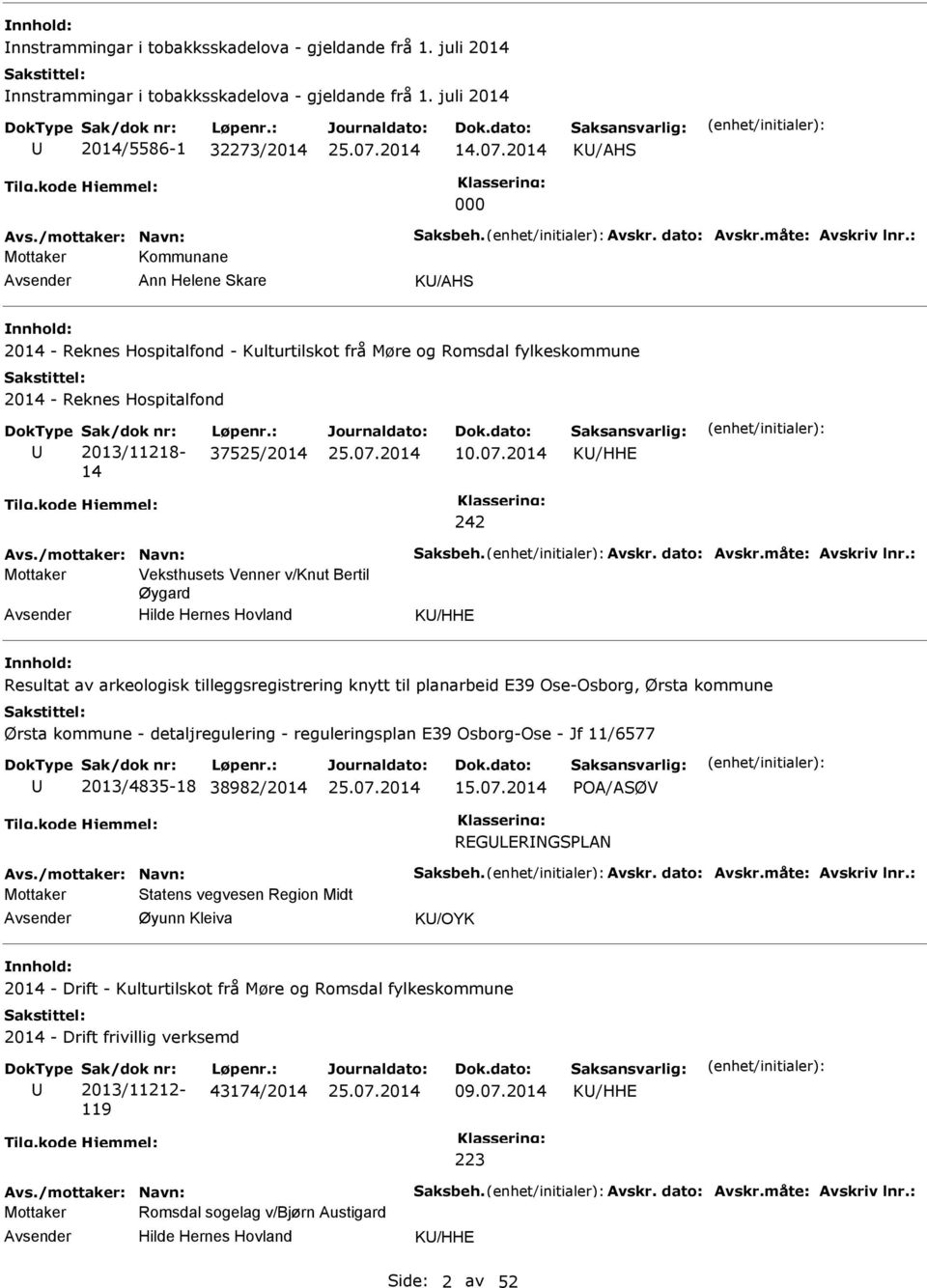 : Mottaker Kommunane Ann Helene Skare K/AHS 2014 - Reknes Hospitalfond - Kulturtilskot frå Møre og Romsdal fylkeskommune 2014 - Reknes Hospitalfond 2013/11218-14 37525/2014 10.07.2014 K/HHE 242 Avs.