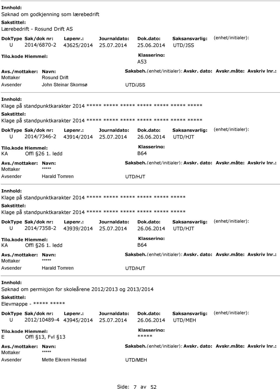 Avskr. dato: Avskr.måte: Avskriv lnr.: Harald Tomren TD/HJT Klage på standpunktkarakter 2014 Klage på standpunktkarakter 2014 2014/7358-2 43939/2014 TD/HJT KA Offl 26 1. ledd B64 Avs.