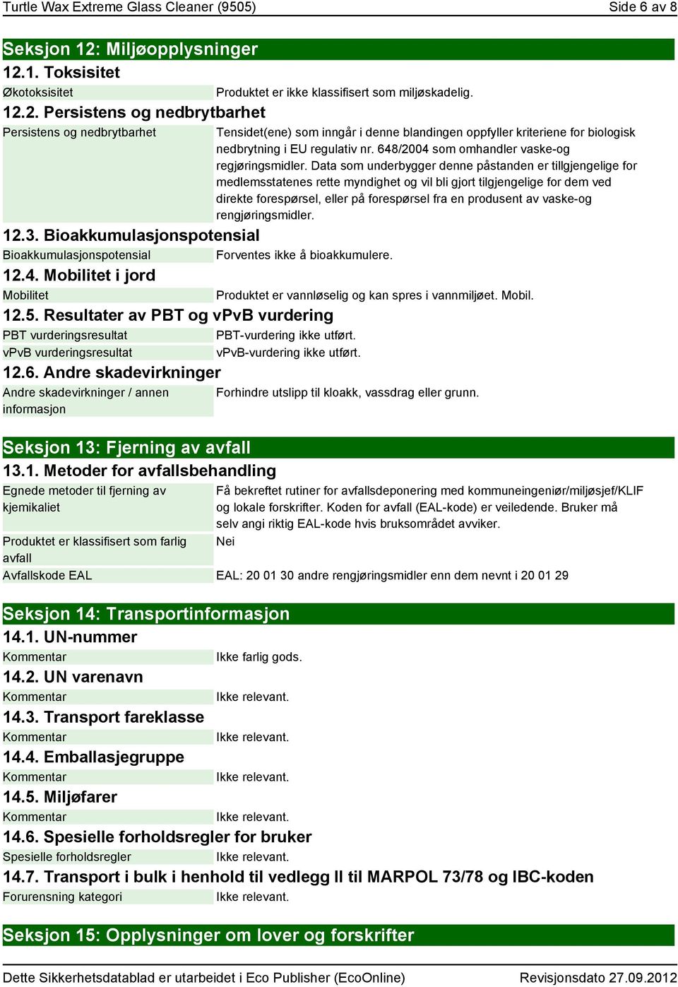 Resultater av PBT og vpvb vurdering PBT vurderingsresultat PBT-vurdering ikke utført. vpvb vurderingsresultat vpvb-vurdering ikke utført. 12.6.