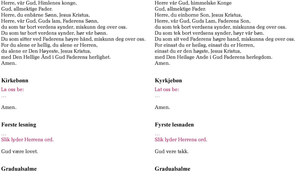 For du alene er hellig, du alene er Herren, du alene er Den Høyeste, Jesus Kristus, med Den Hellige Ånd i Gud Faderens herlighet. Herre vår Gud, himmelske Konge Gud, allmektige Fader.