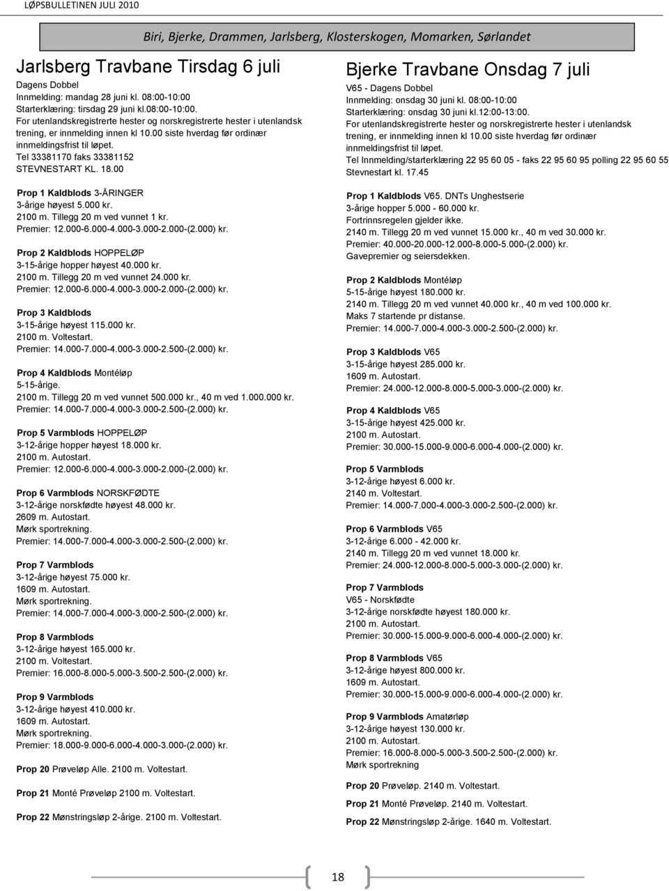 Prop 4 Kaldblods Montéløp 5-15-årige. 2100 m. Tillegg 20 m ved vunnet 500.000 kr., 40 m ved 1.000.000 kr. HOPPELØP 3-12-årige hopper høyest 18.000 kr. NORSKFØDTE 3-12-årige norskfødte høyest 48.