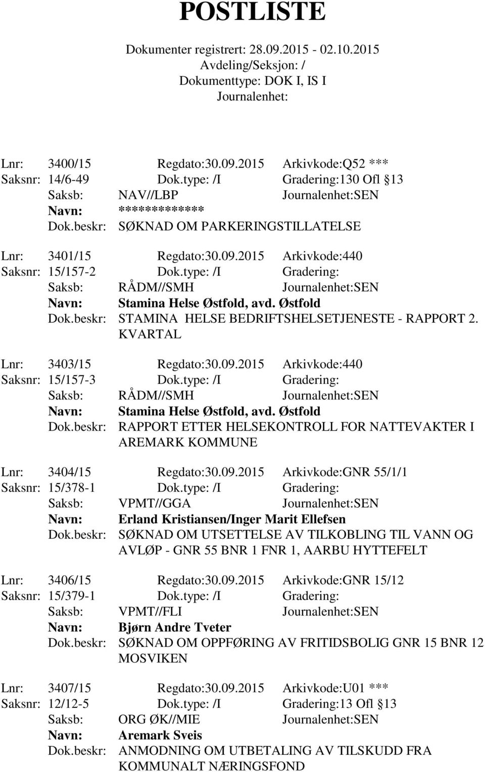 beskr: STAMINA HELSE BEDRIFTSHELSETJENESTE - RAPPORT 2. KVARTAL Lnr: 3403/15 Regdato:30.09.2015 Arkivkode:440 Saksnr: 15/157-3 Dok.