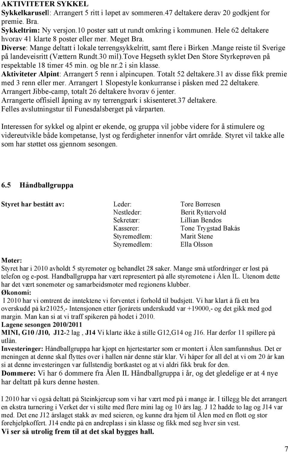 30 mil).tove Hegseth syklet Den Store Styrkeprøven på respektable 18 timer 45 min. og ble nr.2 i sin klasse. Aktiviteter Alpint: Arrangert 5 renn i alpincupen. Totalt 52 deltakere.