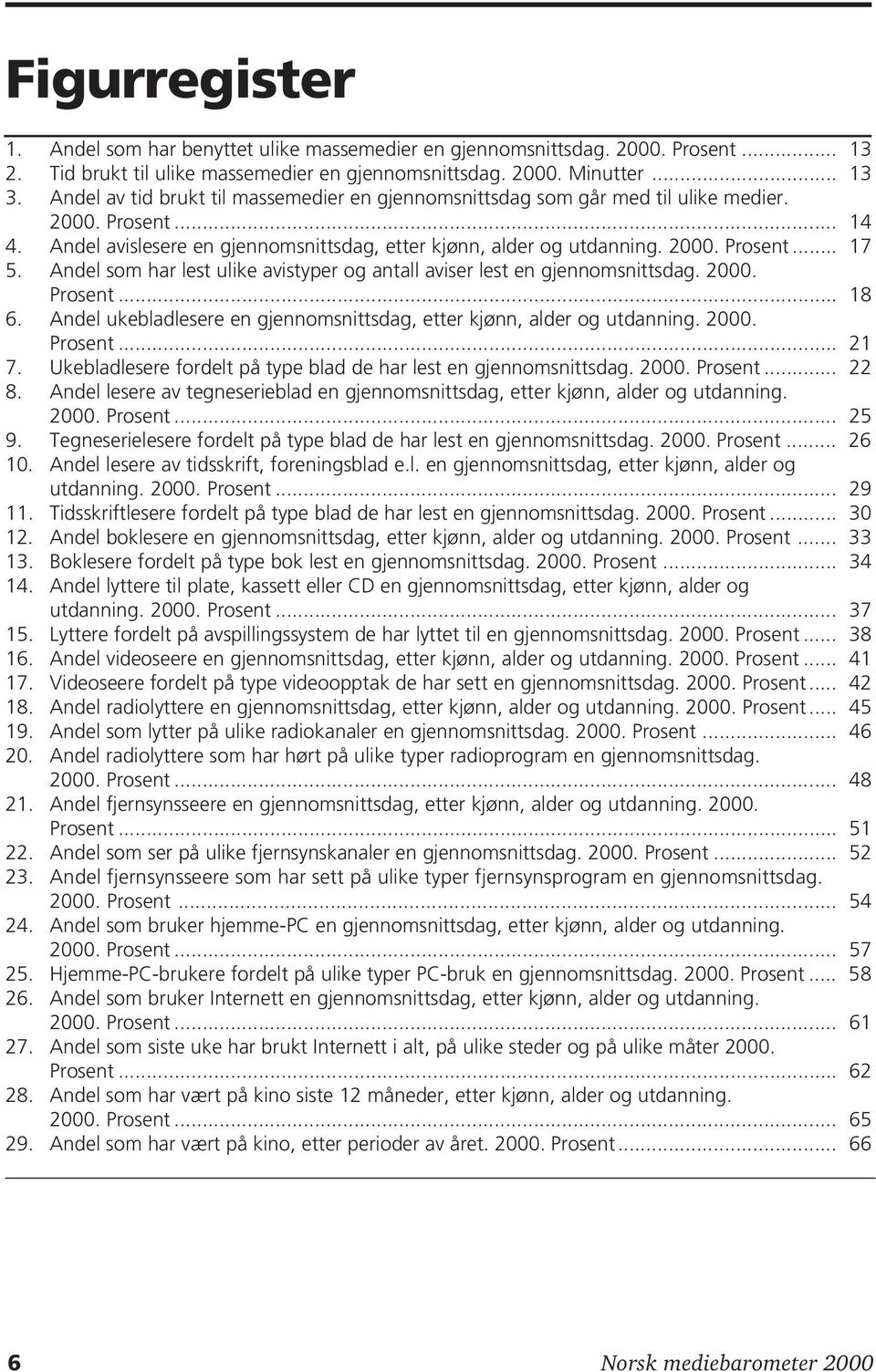 Andel som har lest ulike avistyper og antall aviser lest en gjennomsnittsdag. 2000. Prosent... 18 6. Andel ukebladlesere en gjennomsnittsdag, etter kjønn, alder og utdanning. 2000. Prosent... 21 7.