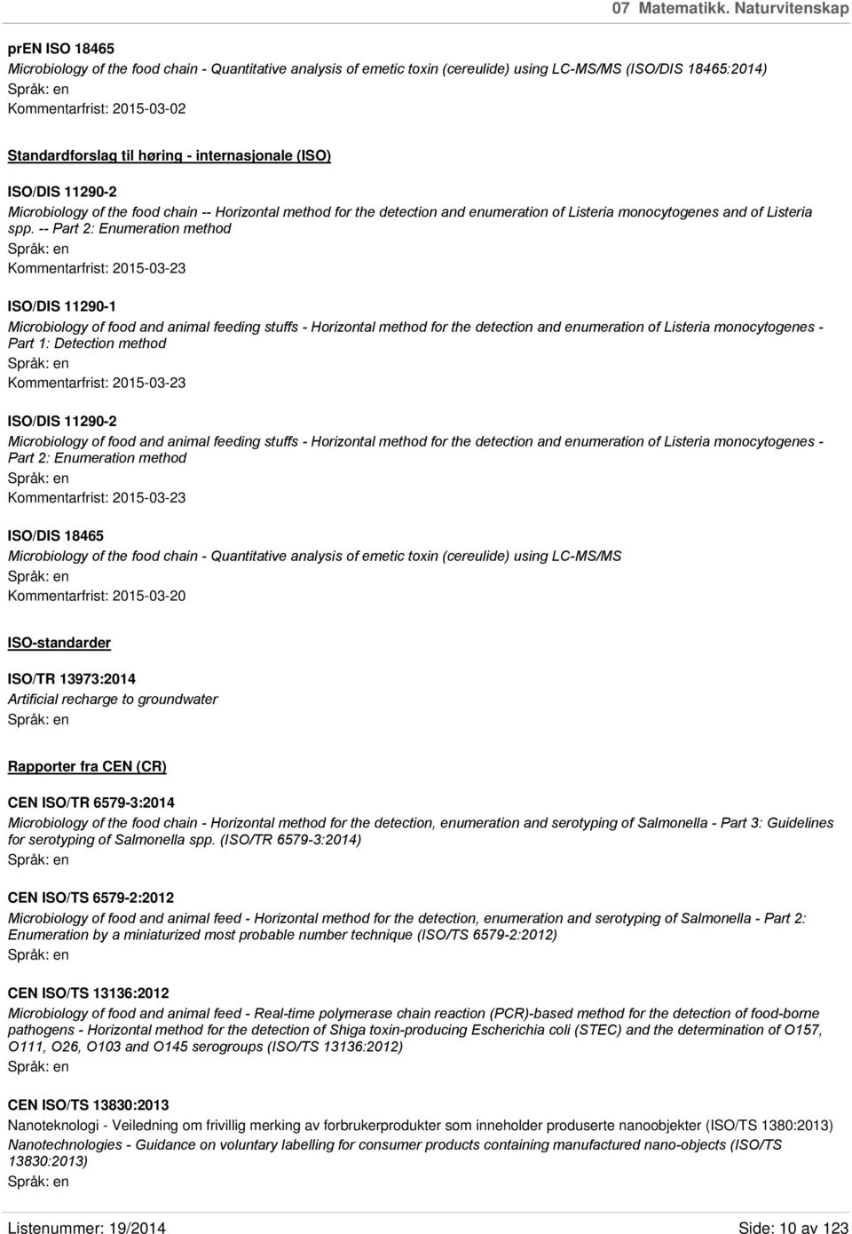 høring - internasjonale (ISO) ISO/DIS 11290-2 Microbiology of the food chain -- Horizontal method for the detection and enumeration of Listeria monocytogenes and of Listeria spp.