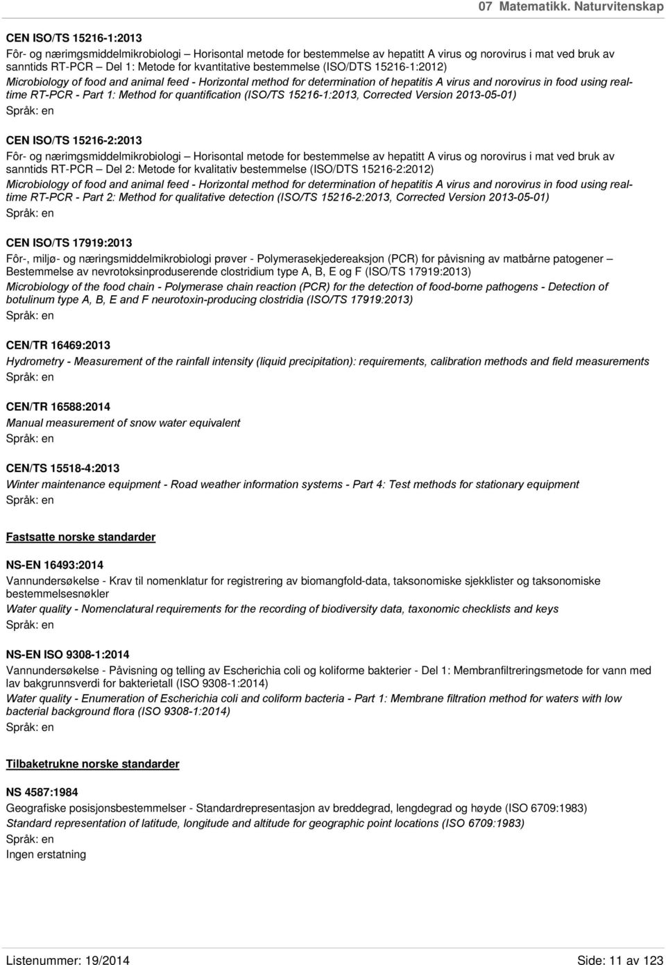 kvantitative bestemmelse (ISO/DTS 15216-1:2012) Microbiology of food and animal feed - Horizontal method for determination of hepatitis A virus and norovirus in food using realtime RT-PCR - Part 1: