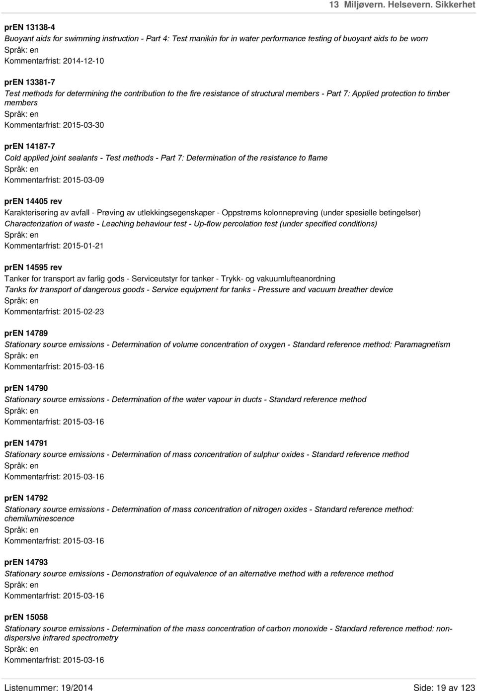 for determining the contribution to the fire resistance of structural members - Part 7: Applied protection to timber members Kommentarfrist: 2015-03-30 pren 14187-7 Cold applied joint sealants - Test