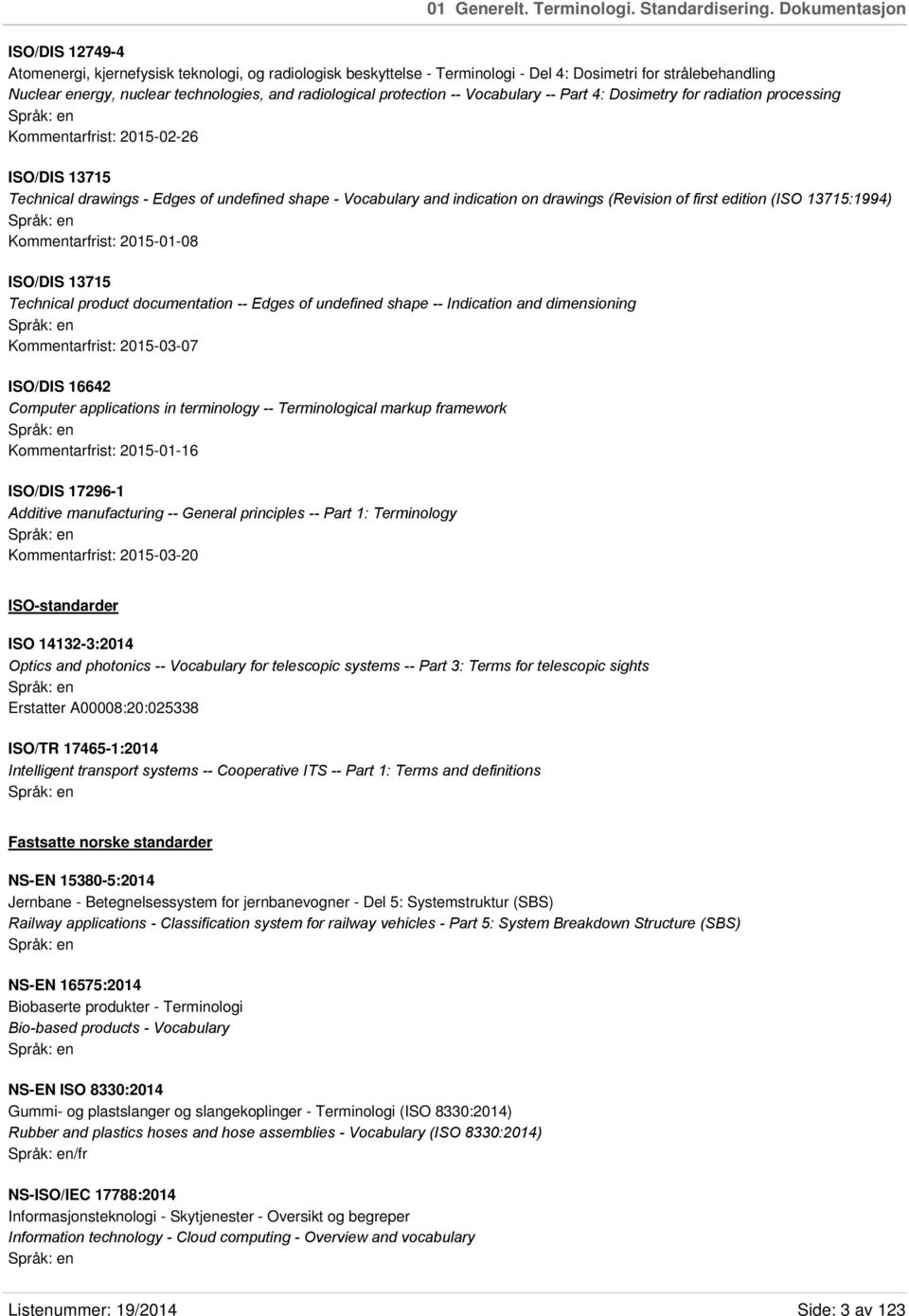 radiological protection -- Vocabulary -- Part 4: Dosimetry for radiation processing Kommentarfrist: 2015-02-26 ISO/DIS 13715 Technical drawings - Edges of undefined shape - Vocabulary and indication