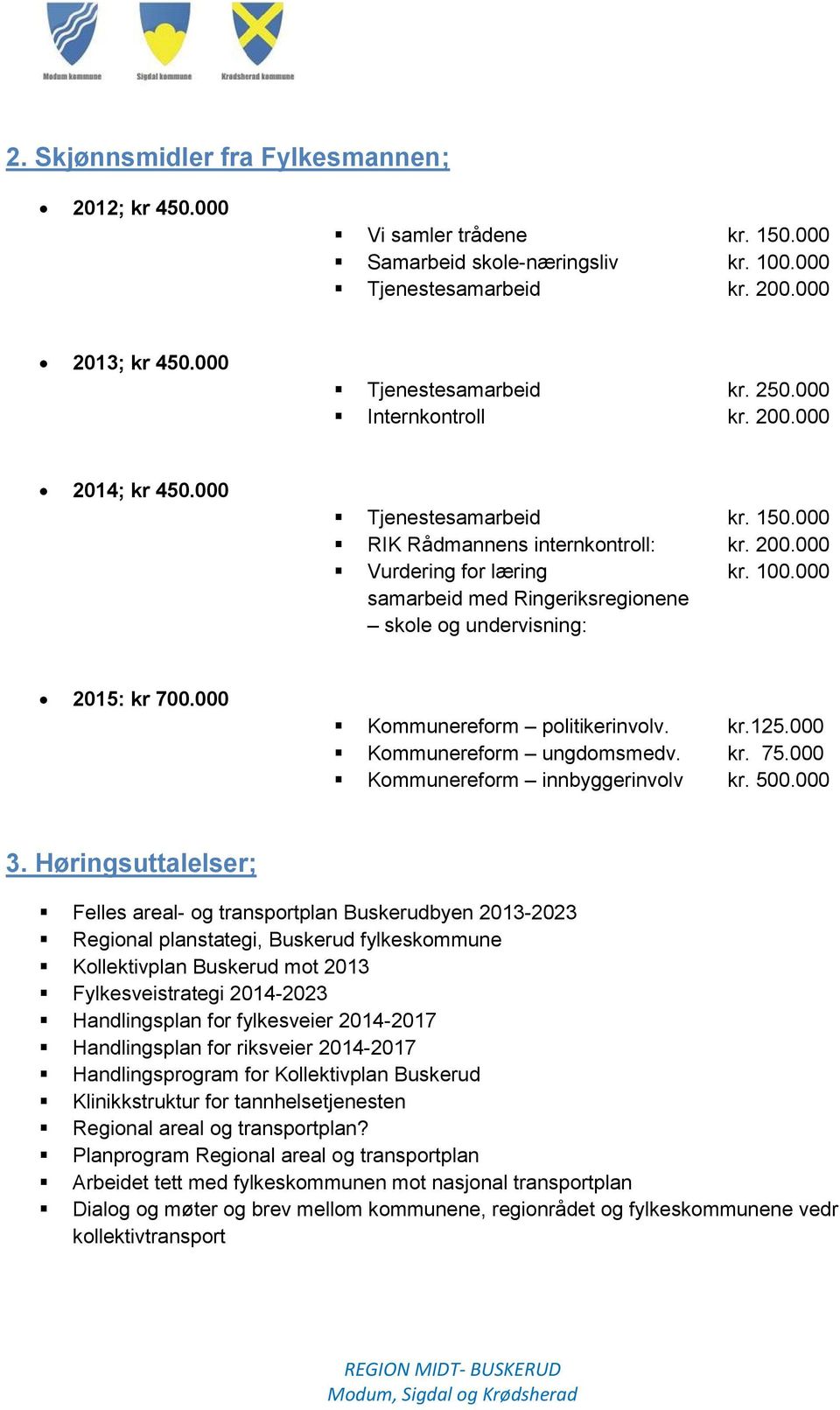 000 samarbeid med Ringeriksregionene skole og undervisning: 2015: kr 700.000 Kommunereform politikerinvolv. kr.125.000 Kommunereform ungdomsmedv. kr. 75.000 Kommunereform innbyggerinvolv kr. 500.