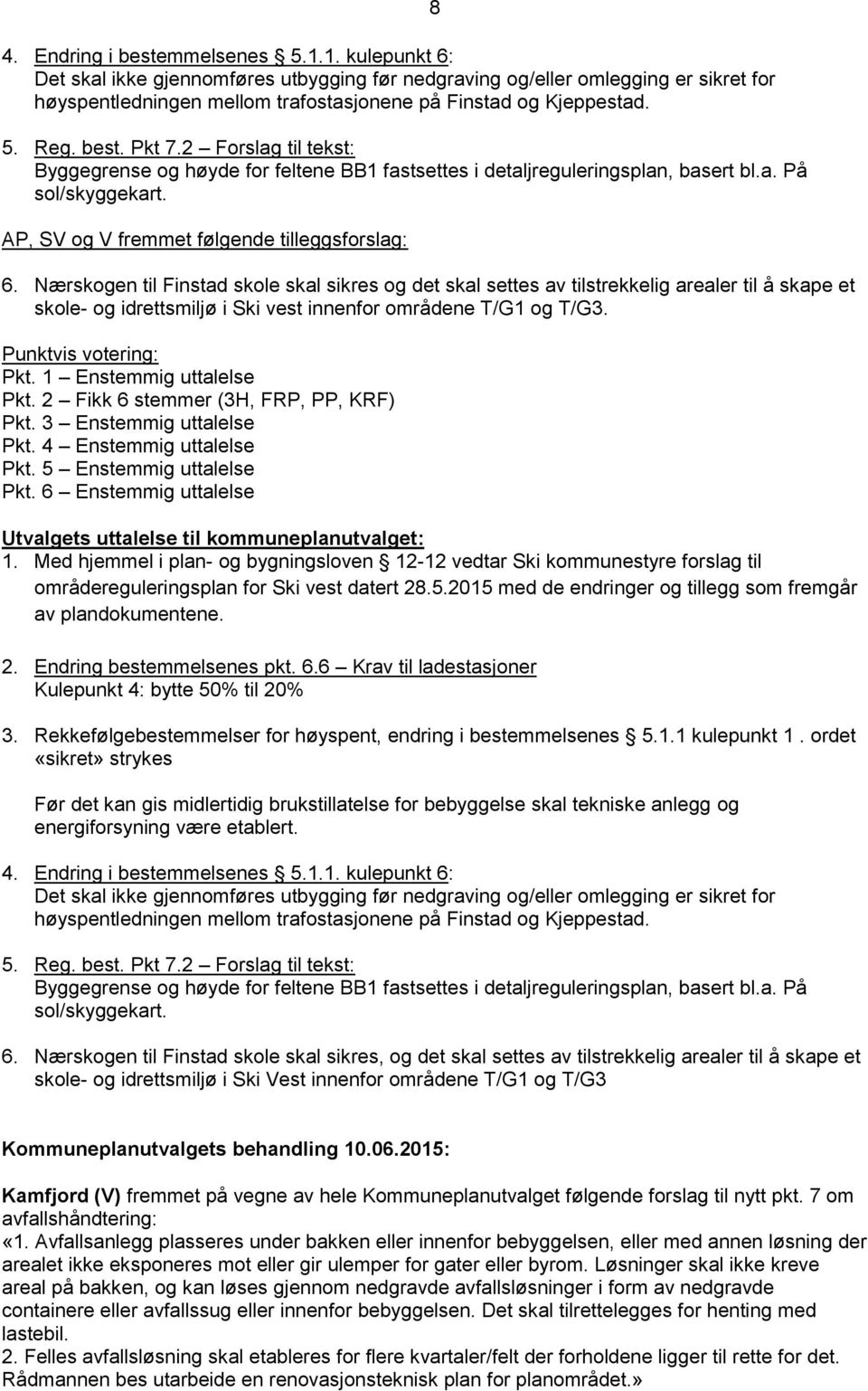 Nærskogen til Finstad skole skal sikres og det skal settes av tilstrekkelig arealer til å skape et skole- og idrettsmiljø i Ski vest innenfor områdene T/G1 og T/G3. Punktvis votering: Pkt.