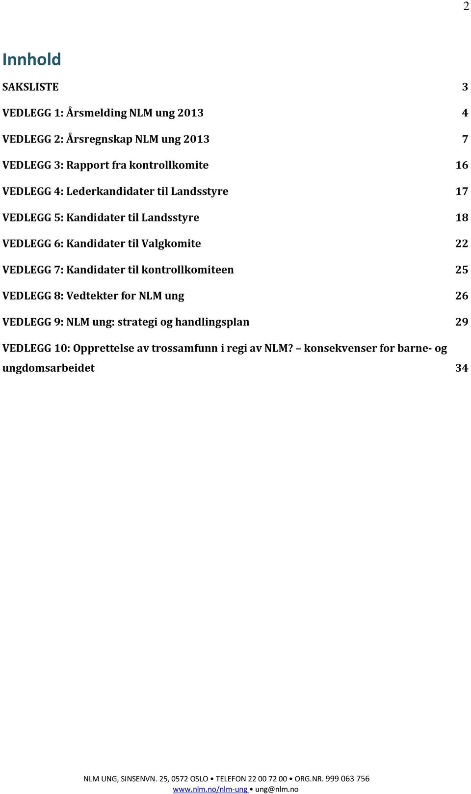 Kandidater til Valgkomite 22 VEDLEGG 7: Kandidater til kontrollkomiteen 25 VEDLEGG 8: Vedtekter for NLM ung 26 VEDLEGG 9: