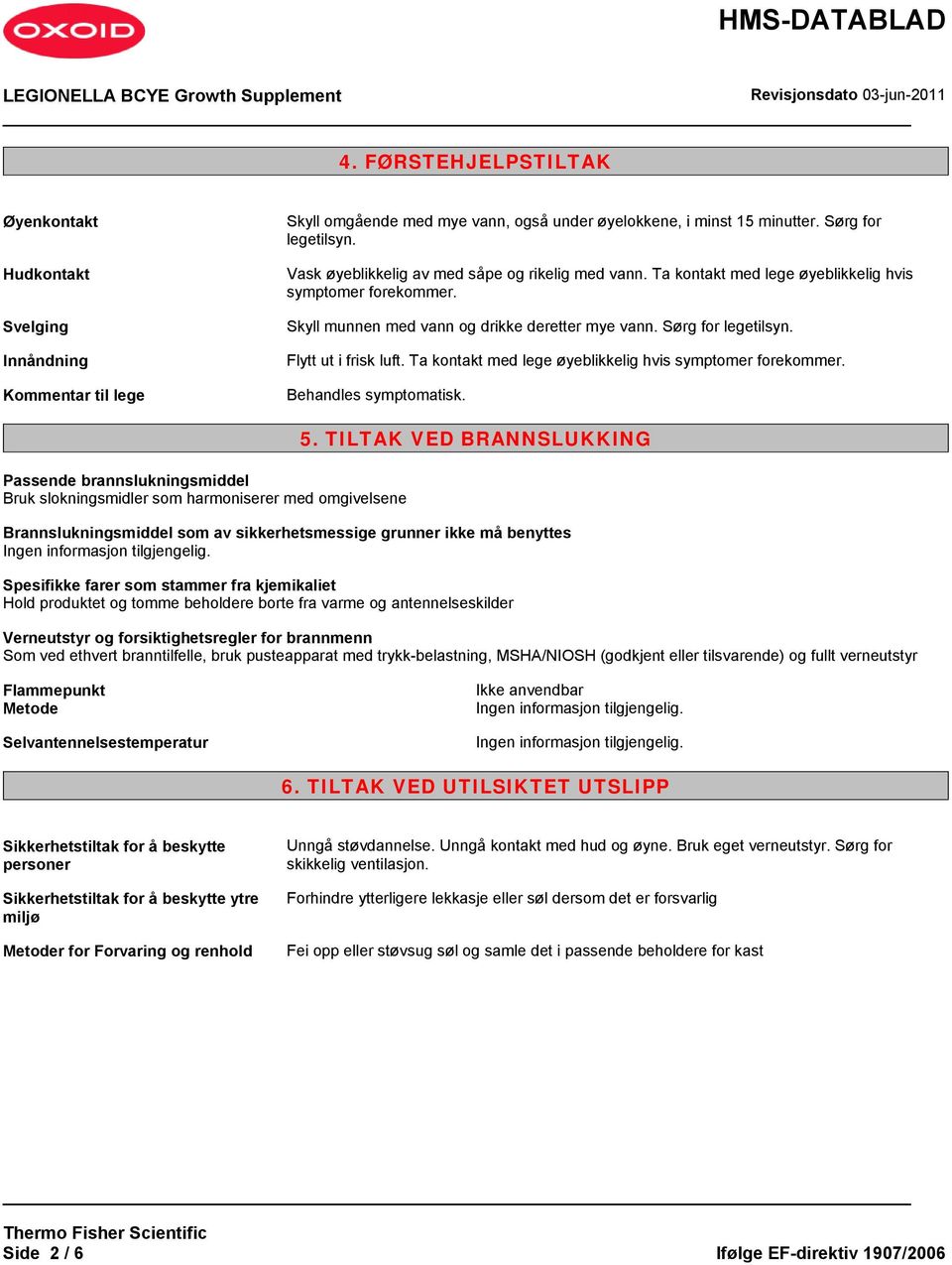 Flytt ut i frisk luft. Ta kontakt med lege øyeblikkelig hvis symptomer forekommer. Behandles symptomatisk. Passende brannslukningsmiddel Bruk slokningsmidler som harmoniserer med omgivelsene 5.