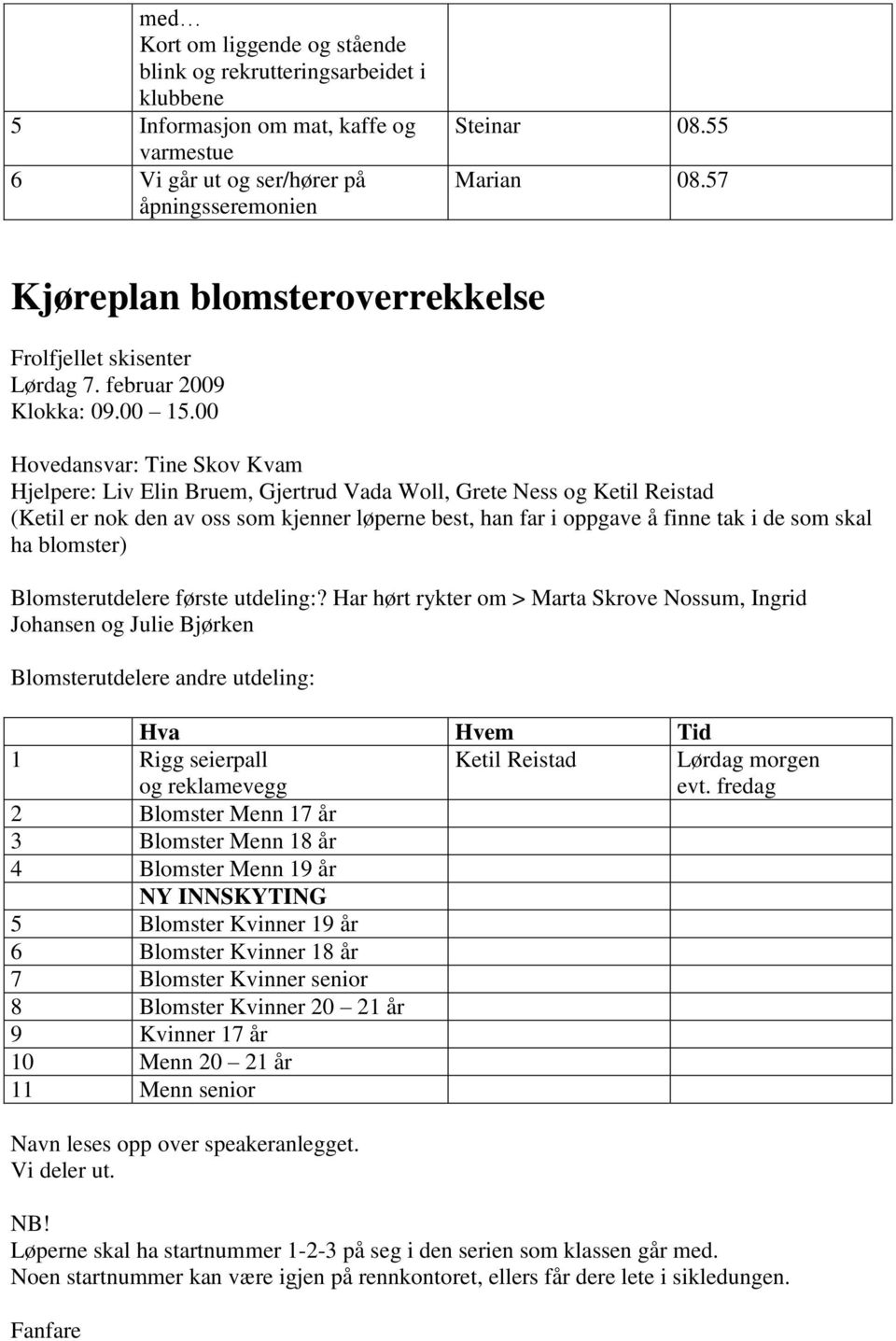 00 Hovedansvar: Tine Skov Kvam Hjelpere: Liv Elin Bruem, Gjertrud Vada Woll, Grete Ness og Ketil Reistad (Ketil er nok den av oss som kjenner løperne best, han far i oppgave å finne tak i de som skal