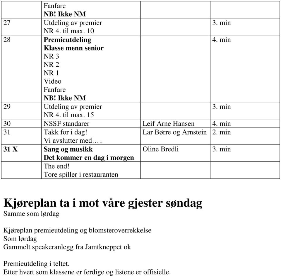 Tore spiller i restauranten Kjøreplan ta i mot våre gjester søndag Samme som lørdag Kjøreplan premieutdeling og blomsteroverrekkelse Som lørdag