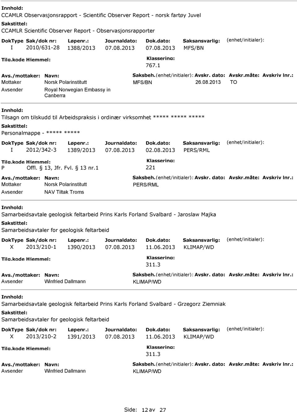 2013 Mottaker Norsk olarinstitutt NAV Tiltak Troms Samarbeidsavtale geologisk feltarbeid rins Karls Forland Svalbard - Jaroslaw Majka Samarbeidsavtaler for geologisk feltarbeid 2013/210-1 1390/2013