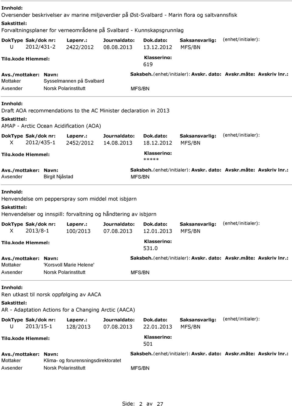 2013 18.12.2012 ***** Birgit Njåstad Henvendelse om pepperspray som middel mot isbjørn Henvendelser og innspill: forvaltning og håndtering av isbjørn 2013/8-1 100/2013 12.01.2013 531.