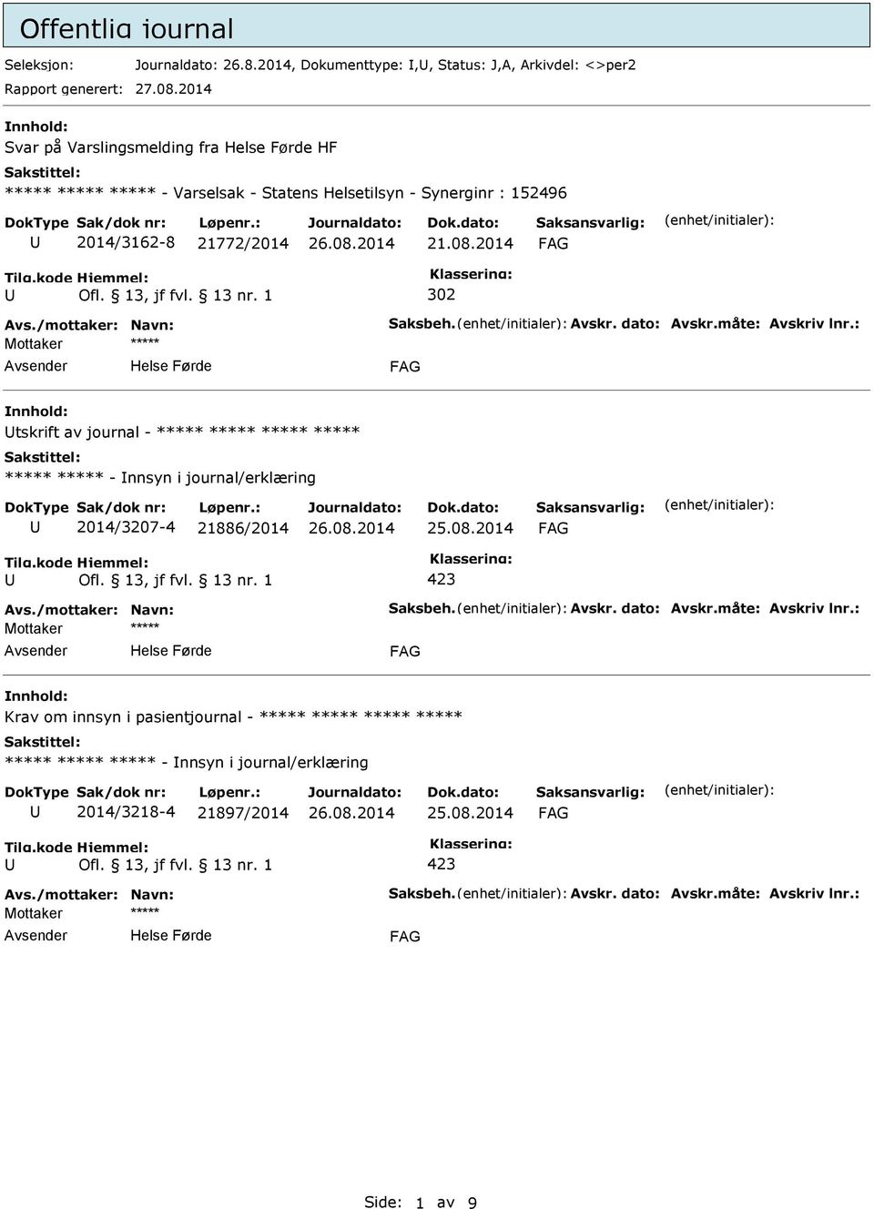 Avskr. dato: Avskr.måte: Avskriv lnr.: tskrift av journal - ***** ***** ***** ***** ***** ***** - nnsyn i journal/erklæring 2014/3207-4 21886/2014 Avs./mottaker: Navn: Saksbeh.