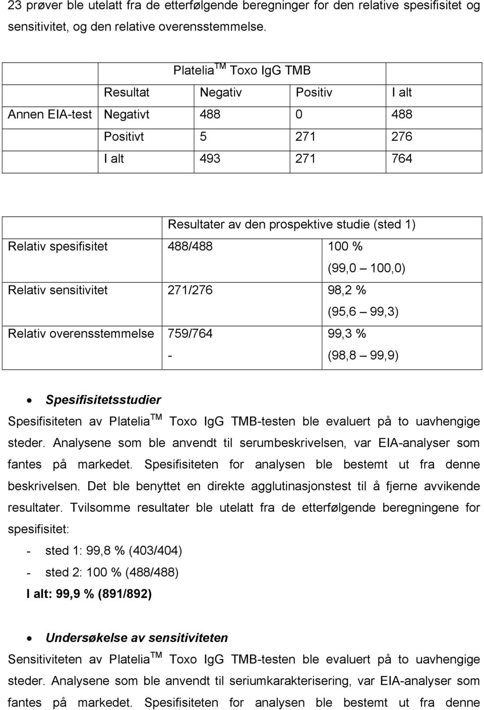 488/488 100 % (99,0 100,0) Relativ sensitivitet 271/276 98,2 % (95,6 99,3) Relativ overensstemmelse 759/764-99,3 % (98,8 99,9) Spesifisitetsstudier Spesifisiteten av Platelia TM Toxo IgG TMB-testen