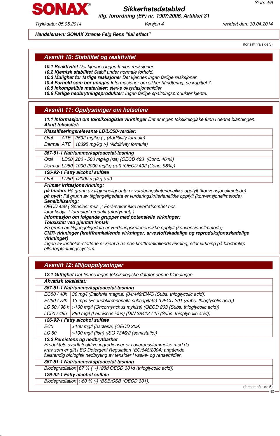 6 Farlige nedbrytningsprodukter: Ingen farlige spaltningsprodukter kjente. Avsnitt 11: Opplysninger om helsefare 11.