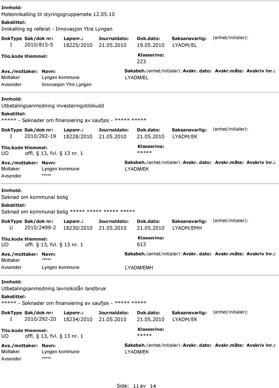 2010 LYADM/EL 223 LYADM/EL nnovasjon Ytre Lyngen tbetalingsanmodning investeringstilskudd - Søknader om finansiering av saufjøs - 2010/292-19