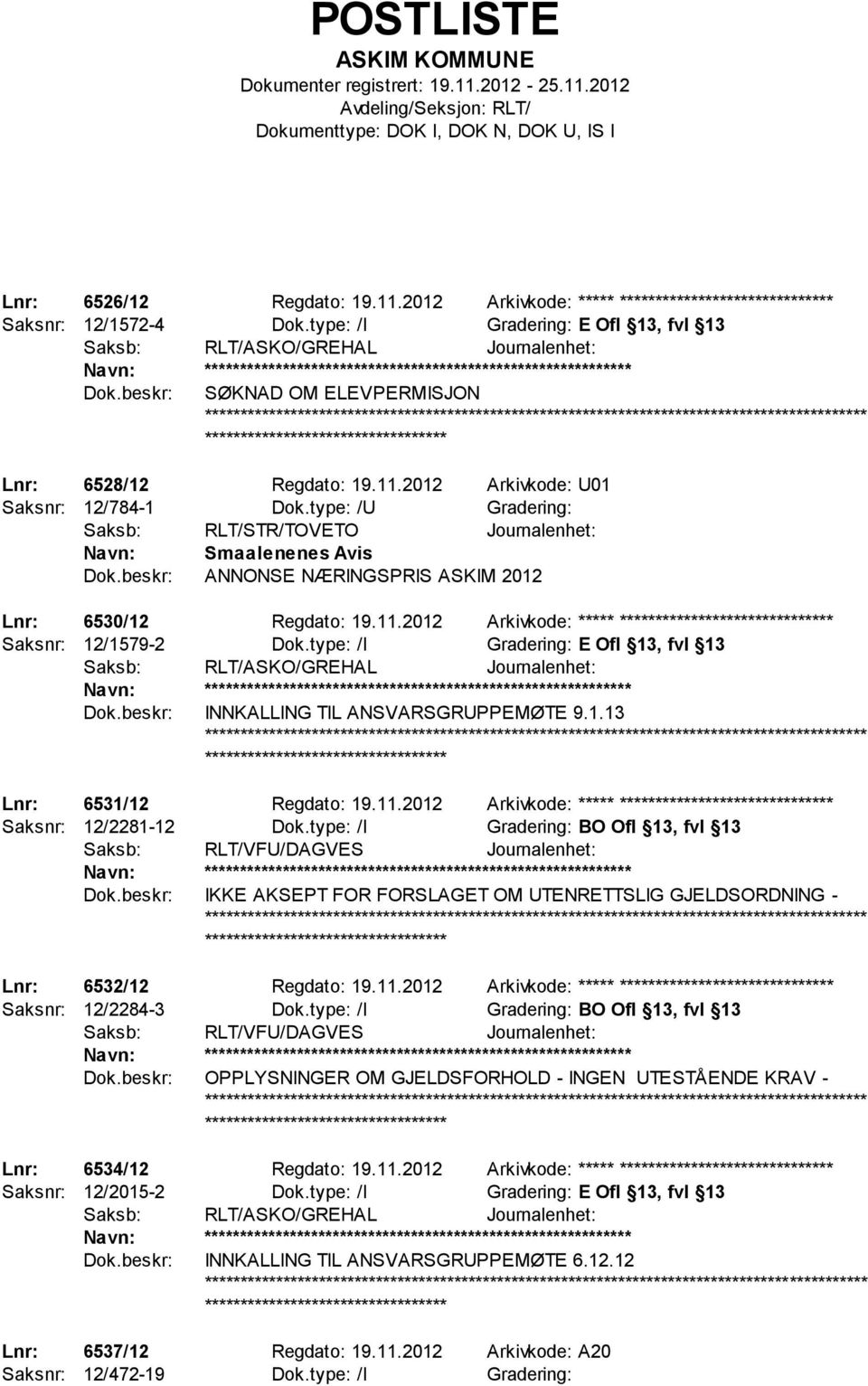 2012 Arkivkode: U01 Saksnr: 12/784-1 Dok.type: /U Gradering: Saksb: RLT/STR/TOVETO Journalenhet: Smaalenenes Avis ANNONSE NÆRINGSPRIS ASKIM 2012 Lnr: 6530/12 Regdato: 19.11.