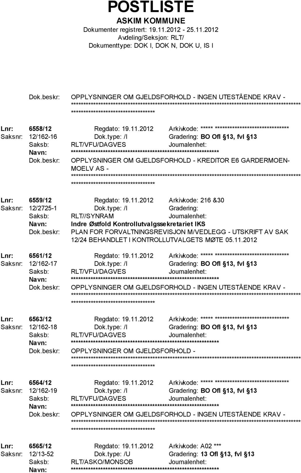 6559/12 Regdato: 19.11.2012 Arkivkode: 216 &30 Saksnr: 12/2725-1 Dok.