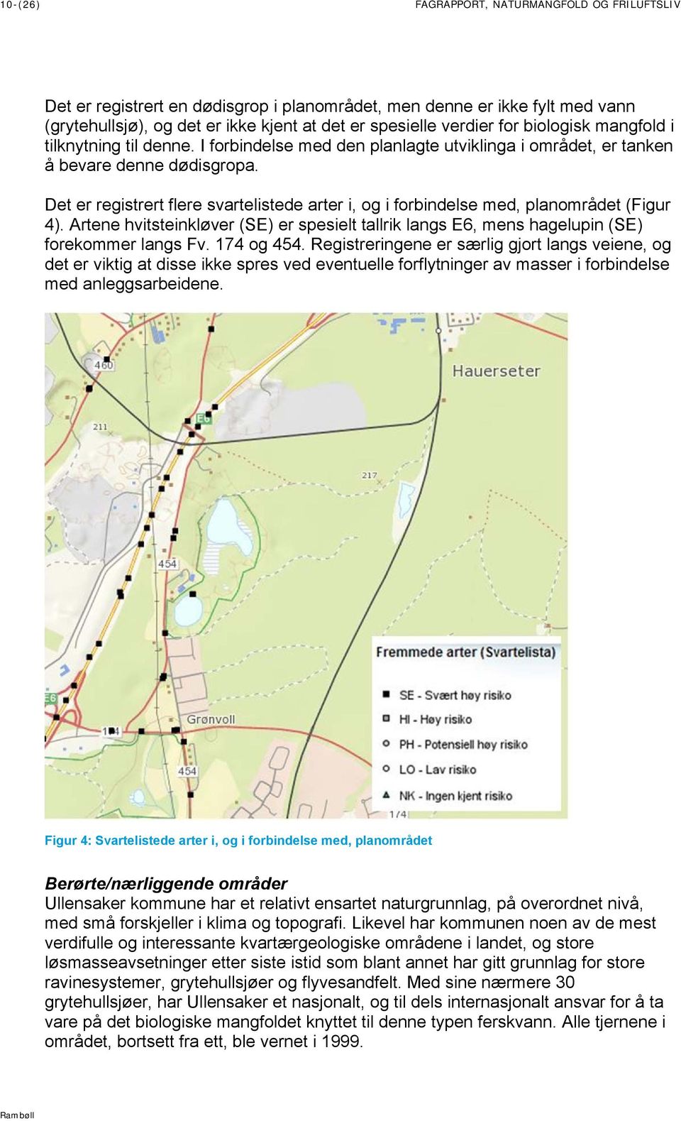 Det er registrert flere svartelistede arter i, og i forbindelse med, planområdet (Figur 4). Artene hvitsteinkløver (SE) er spesielt tallrik langs E6, mens hagelupin (SE) forekommer langs Fv.