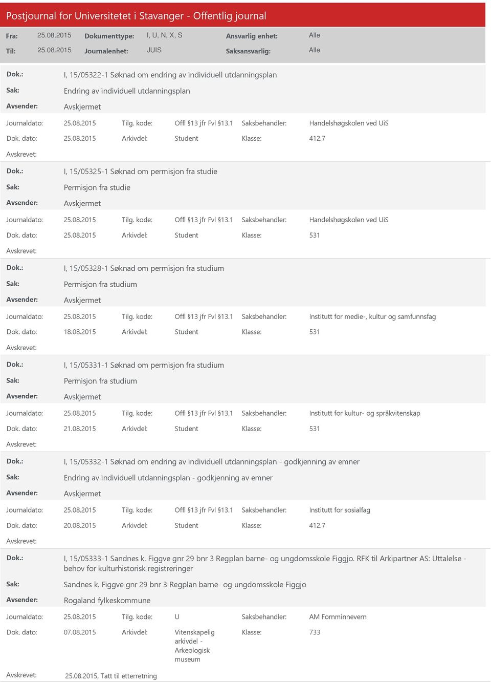 dato: Arkivdel: Student 531 I, 15/05328-1 Søknad om permisjon fra studium Permisjon fra studium Institutt for medie-, kultur og samfunnsfag Dok. dato: 18.08.