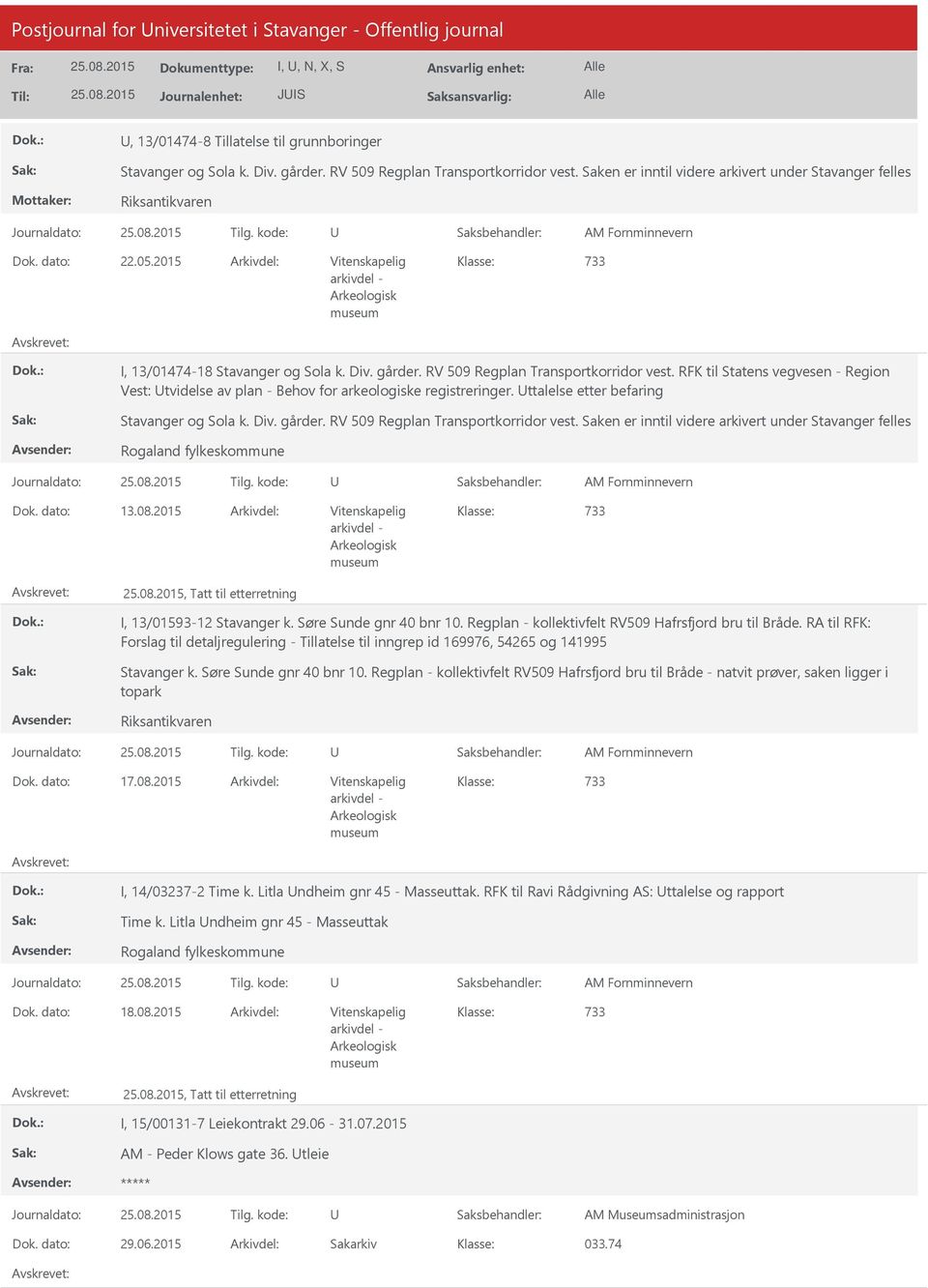 RV 509 Regplan Transportkorridor vest. RFK til Statens vegvesen - Region Vest: tvidelse av plan - Behov for arkeologiske registreringer. ttalelse etter befaring Stavanger og Sola k. Div. gårder.