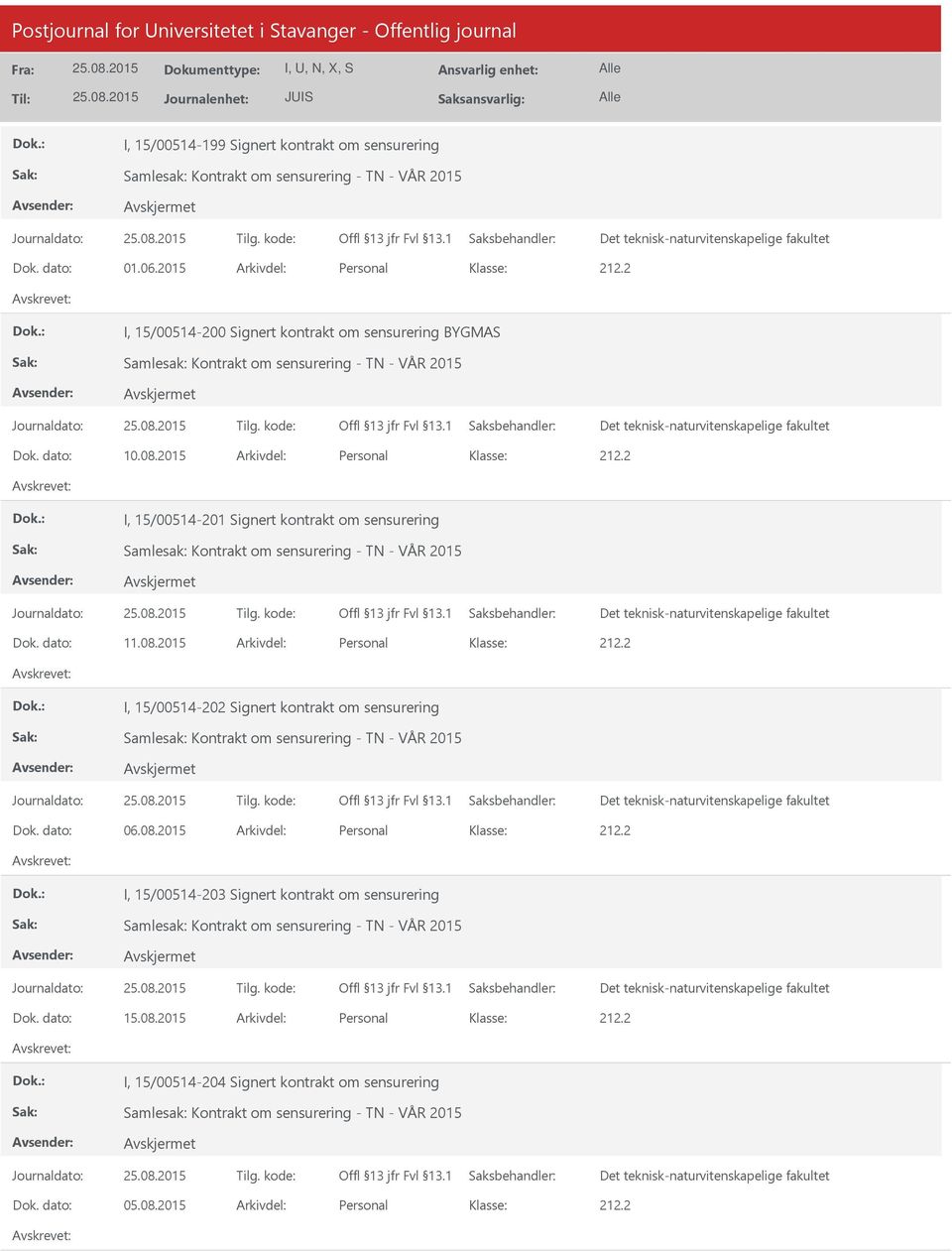 2015 Arkivdel: Personal I, 15/00514-201 Signert kontrakt om sensurering Dok. dato: 11.08.