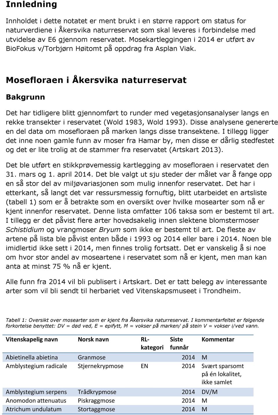 Mosefloraen i Åkersvika naturreservat Bakgrunn Det har tidligere blitt gjennomført to runder med vegetasjonsanalyser langs en rekke transekter i reservatet (Wold 1983, Wold 1993).