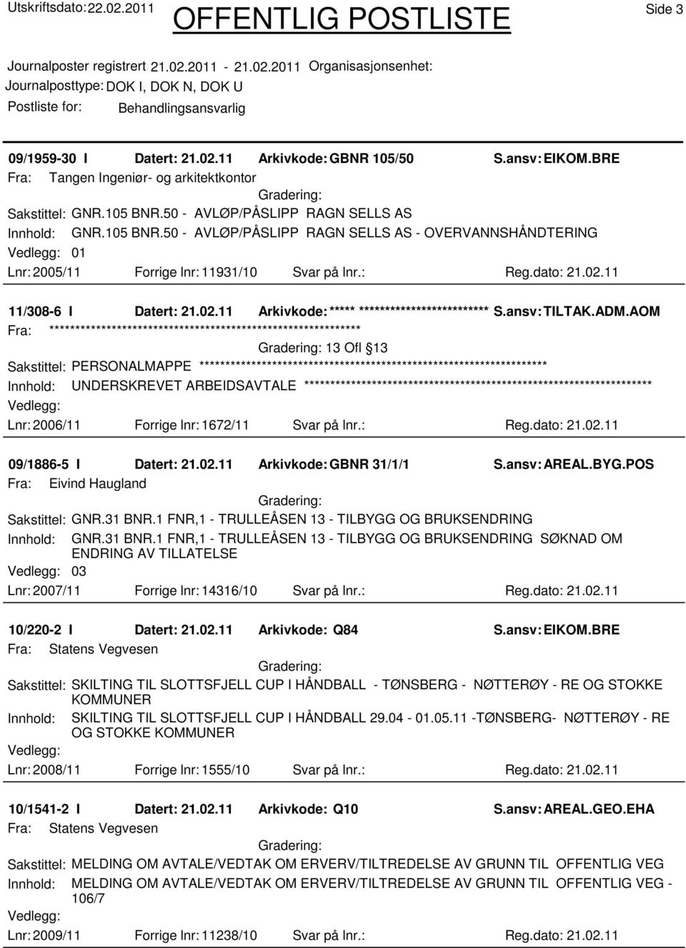 11 11/308-6 I Datert: 21.02.11 Arkivkode:***** ****************************** S.ansv: TILTAK.ADM.AOM 13 Ofl 13 Innhold: UNDERSKREVET ARBEIDSAVTALE Lnr: 2006/11 Forrige lnr: 1672/11 Svar på lnr.: Reg.