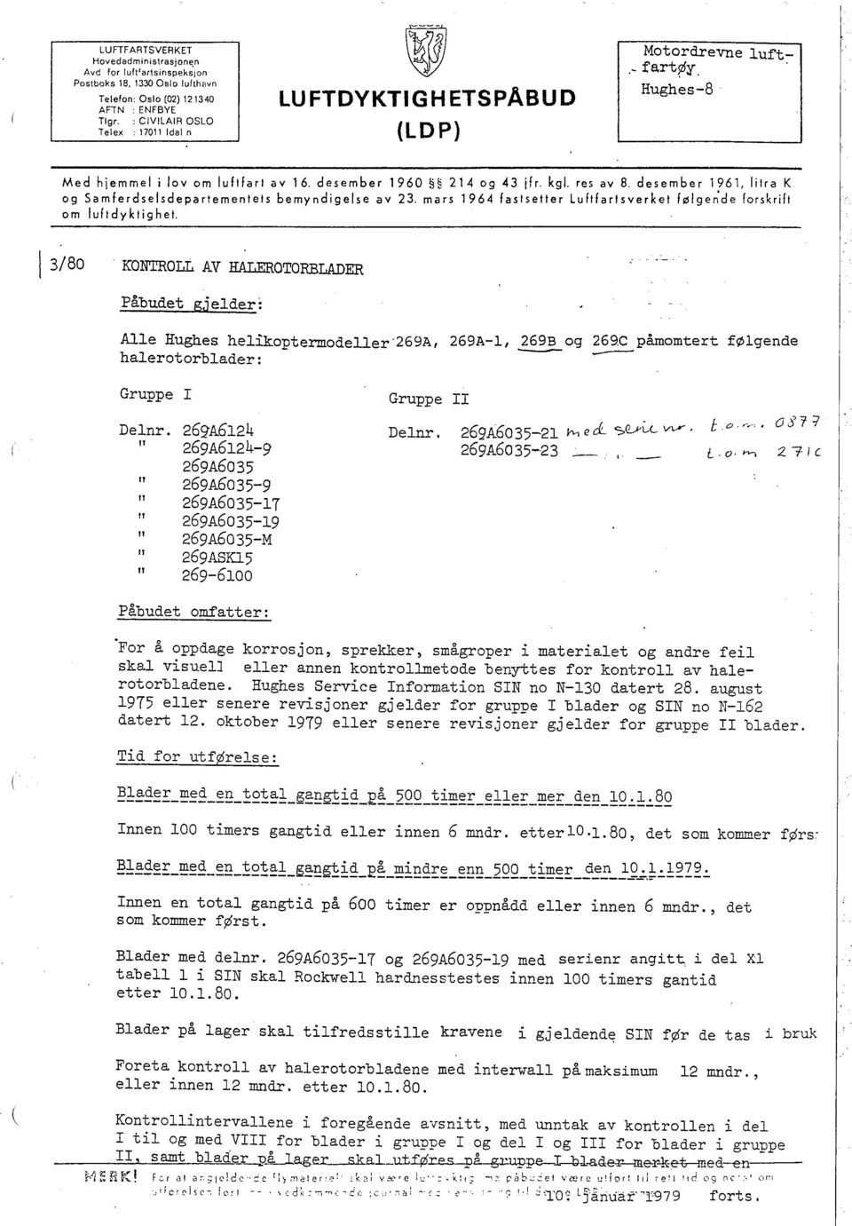 61, lilra K og Samferdselsdepartementels bemyndigelse av 23, mars 1964 fastsetter Luftfartsverket følgende forskrift om luftdyktighet. 3/80.