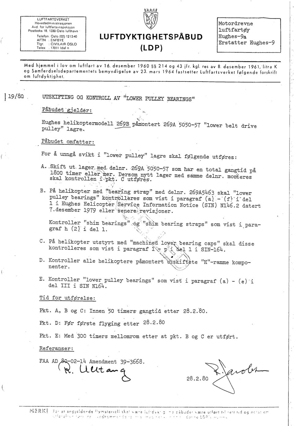 desember 1961, litra K og Samferdselsdepartementets bemyndigelse av 23, mars 1964 faslseller Luftfartsverket følgende forskrift om lufidyktighet. I 19/80 UTSKIING OG KONTOLL AV 'ilowe PU BE.