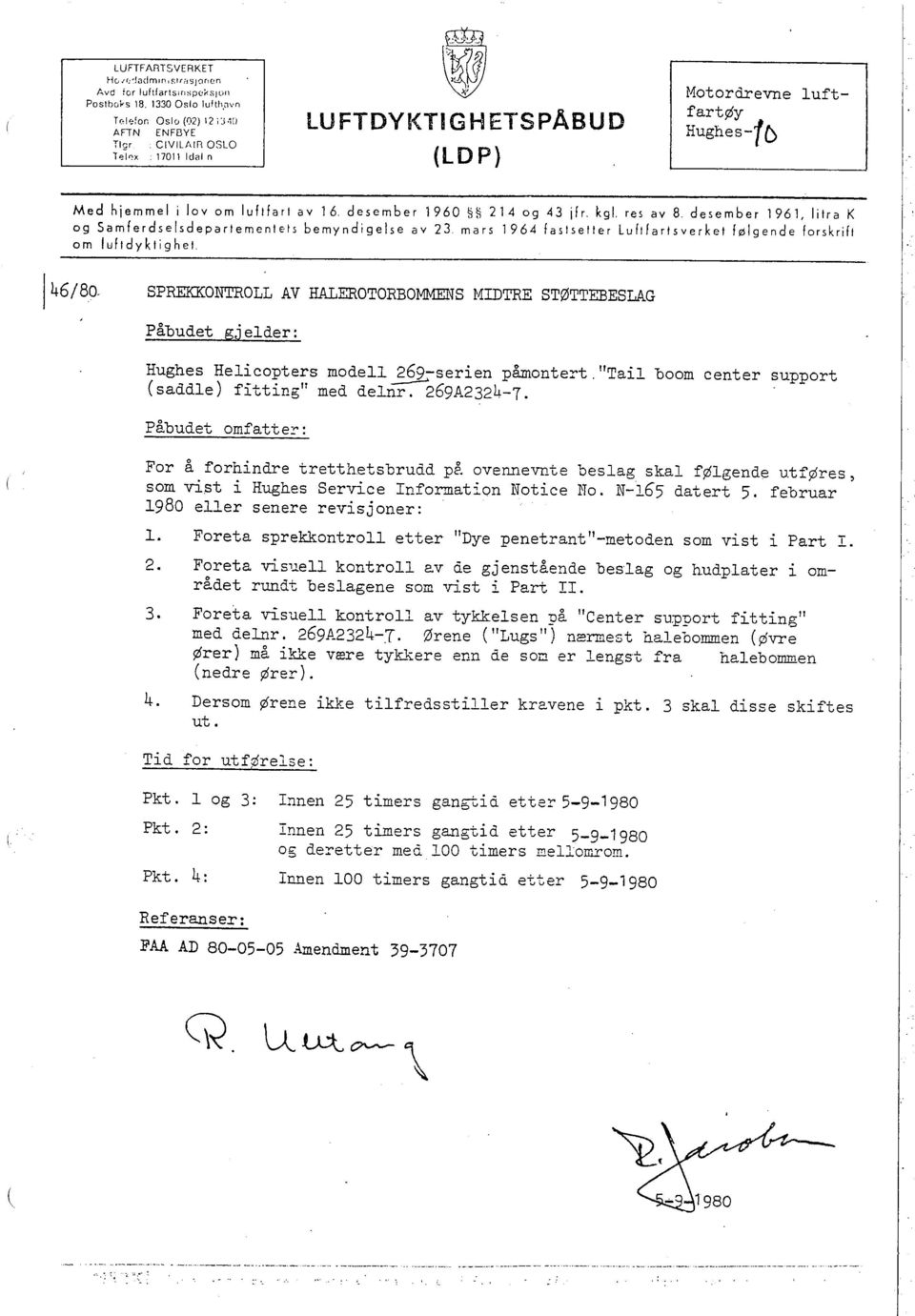 res av 8 desember 1961, lifra K og Samferdselsdepartementels bemyndigelse av 23 mars 1964 fastsetter Luftfartsverket følgende forskrift om luftdyktighet /46/80, SPREONTOLL AV HAEROTORBOMMS ~UDTRE