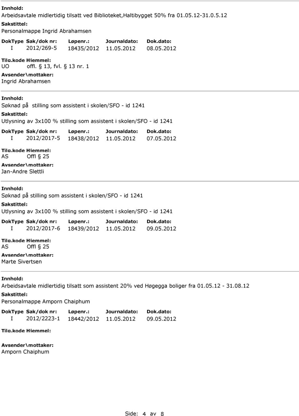 05.2012 nnhold: 2012/2017-6 18439/2012 Marte Sivertsen nnhold: Arbeidsavtale midlertidig tilsatt som assistent 20%