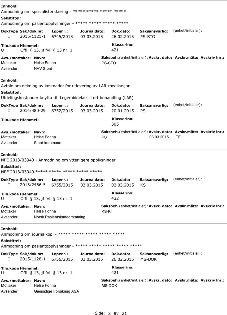 : S-STO NAV Stord Avtale om dekning av kostnader for utlevering av LAR-medikasjon tdelingskostnader knytta til Legemiddelassistert behandling (LAR) 2014/480-29 6752/2015 20.01.2015 S 305 Avs.