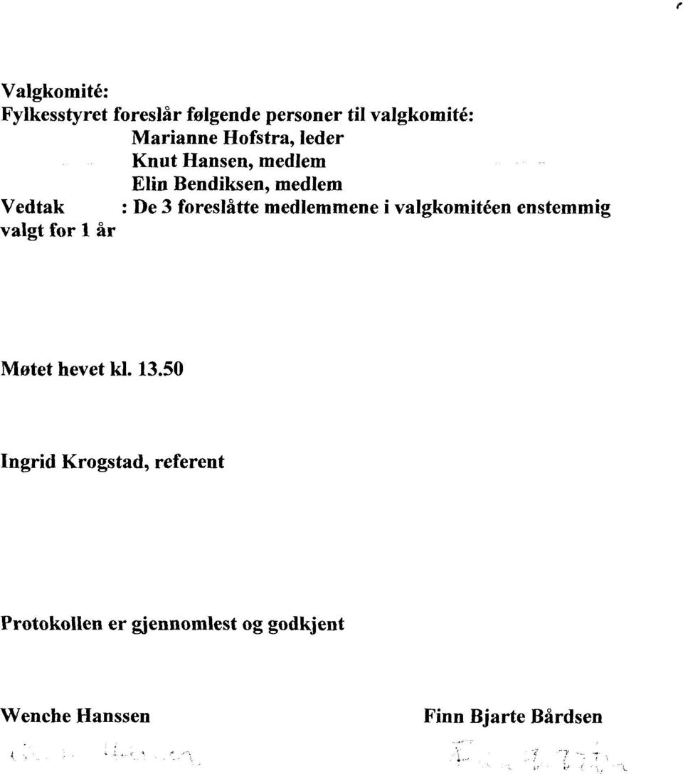 medlemmene i valgkomwen enstemmig valgt for 1 år Møtet hevet kl. 13.