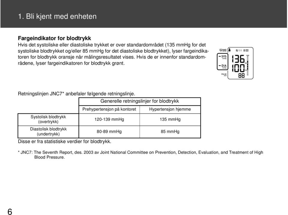 Retningslinjen JNC7* anbefaler følgende retningslinje. Systolisk blodtrykk (overtrykk) Diastolisk blodtrykk (undertrykk) Disse er fra statistiske verdier for blodtrykk.