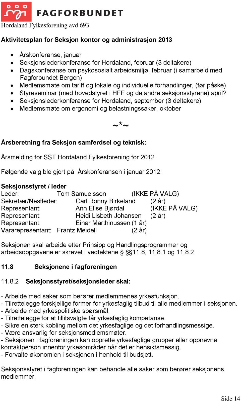 Seksjonslederkonferanse for Hordaland, september (3 deltakere) smøte om ergonomi og belastningssaker, oktober ~*~ Årsberetning fra Seksjon samferdsel og teknisk: Årsmelding for SST Hordaland