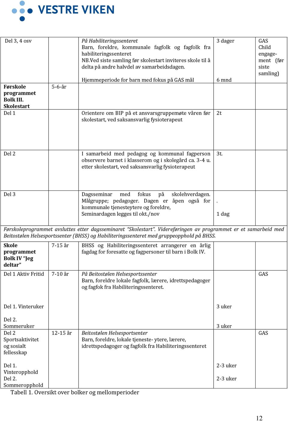 Hjemmeperiode for barn med fokus på GAS mål Orientere om BIP på et ansvarsgruppemøte våren før skolestart, ved saksansvarlig fysioterapeut 3 dager 6 mnd 2t GAS Child engagement (før siste samling)