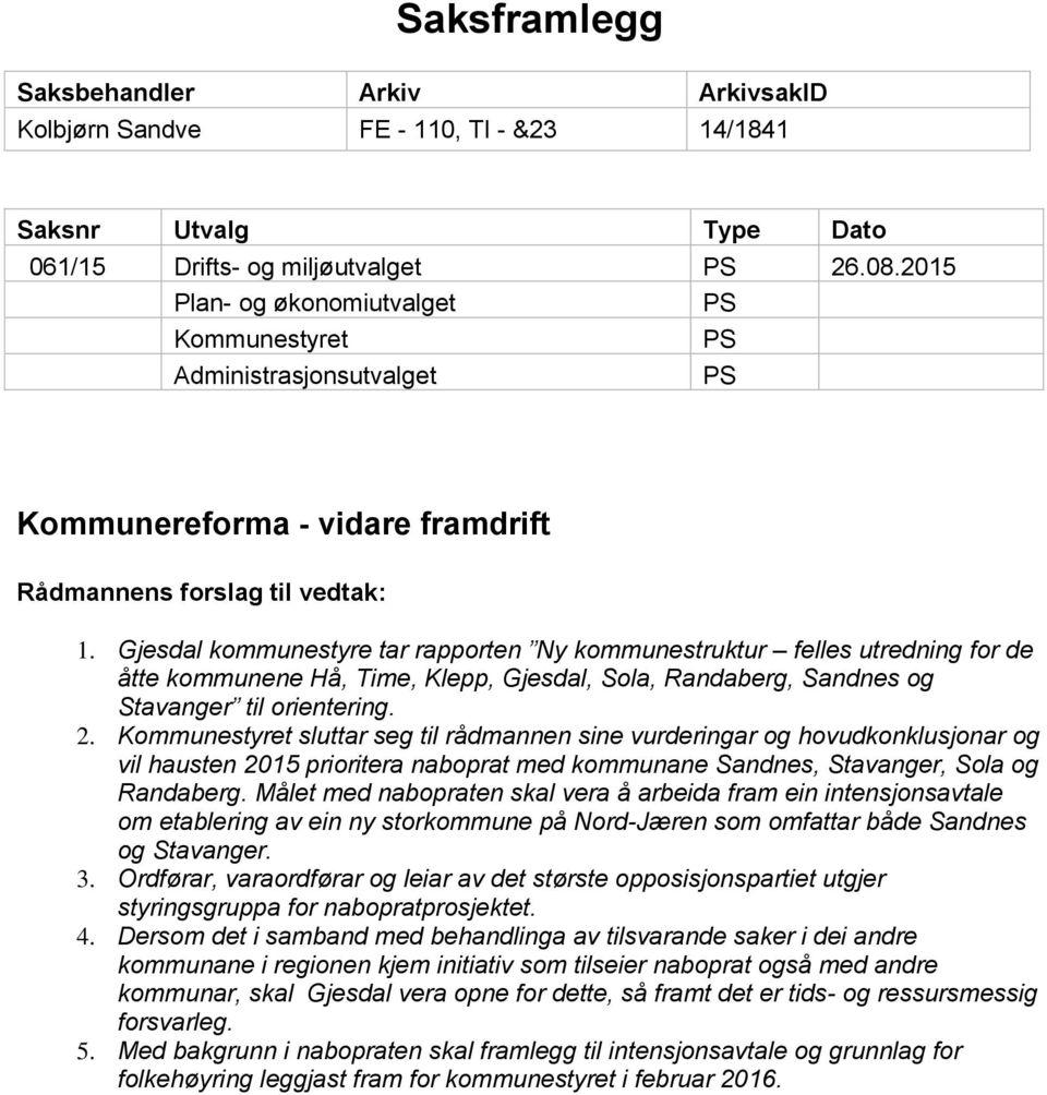 Gjesdal kommunestyre tar rapporten Ny kommunestruktur felles utredning for de åtte kommunene Hå, Time, Klepp, Gjesdal, Sola, Randaberg, Sandnes og Stavanger til orientering. 2.