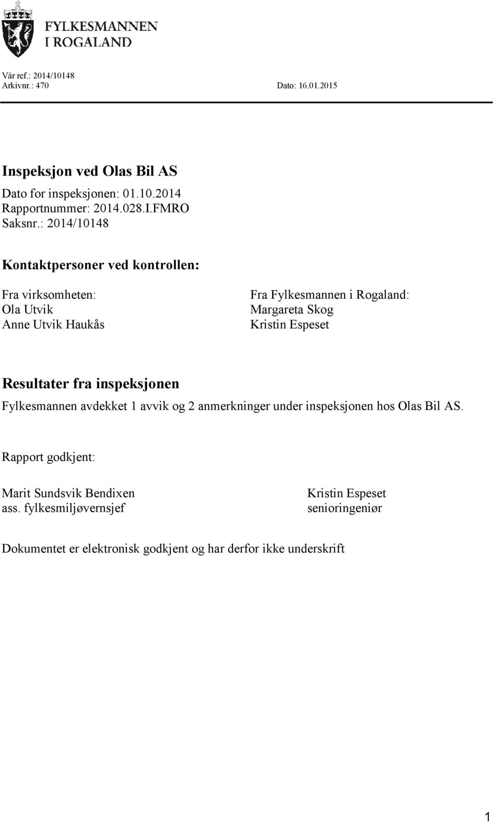 Espeset Resultater fra inspeksjonen Fylkesmannen avdekket 1 avvik og 2 anmerkninger under inspeksjonen hos Olas Bil AS.