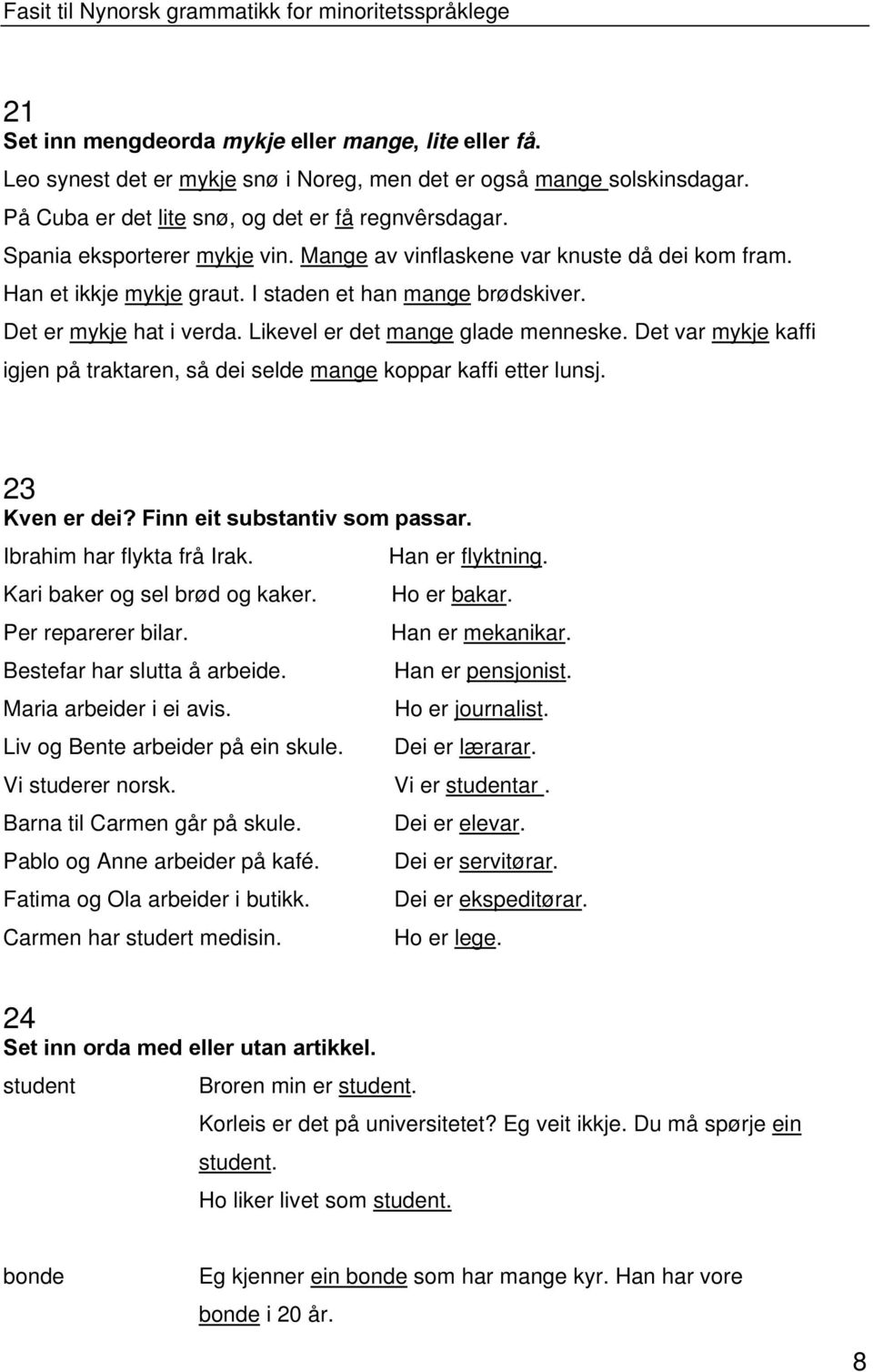 Likevel er det mange glade menneske. Det var mykje kaffi igjen på traktaren, så dei selde mange koppar kaffi etter lunsj. 23 Kven er dei? Finn eit substantiv som passar. Ibrahim har flykta frå Irak.