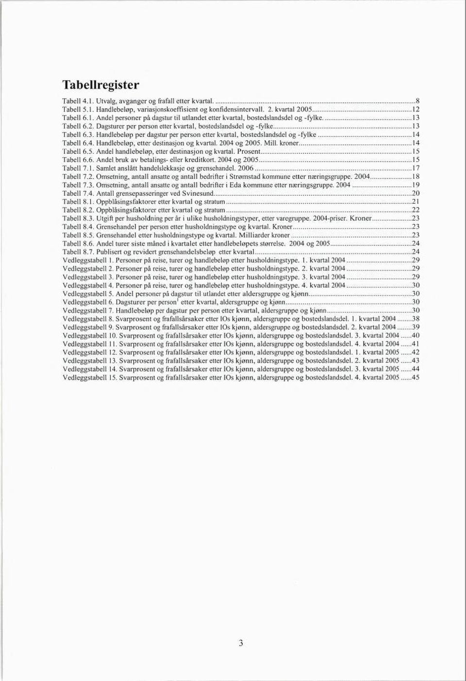 Tabell 6.4. Handlebeløp, etter destinasjon og kvartal. 2004 og 2005. Mill. kroner 14 Tabell 6.5. Andel handlebeløp, etter destinasjon og kvartal. Prosent 15 Tabell 6.6. Andel bruk av betalings- eller kreditkort.