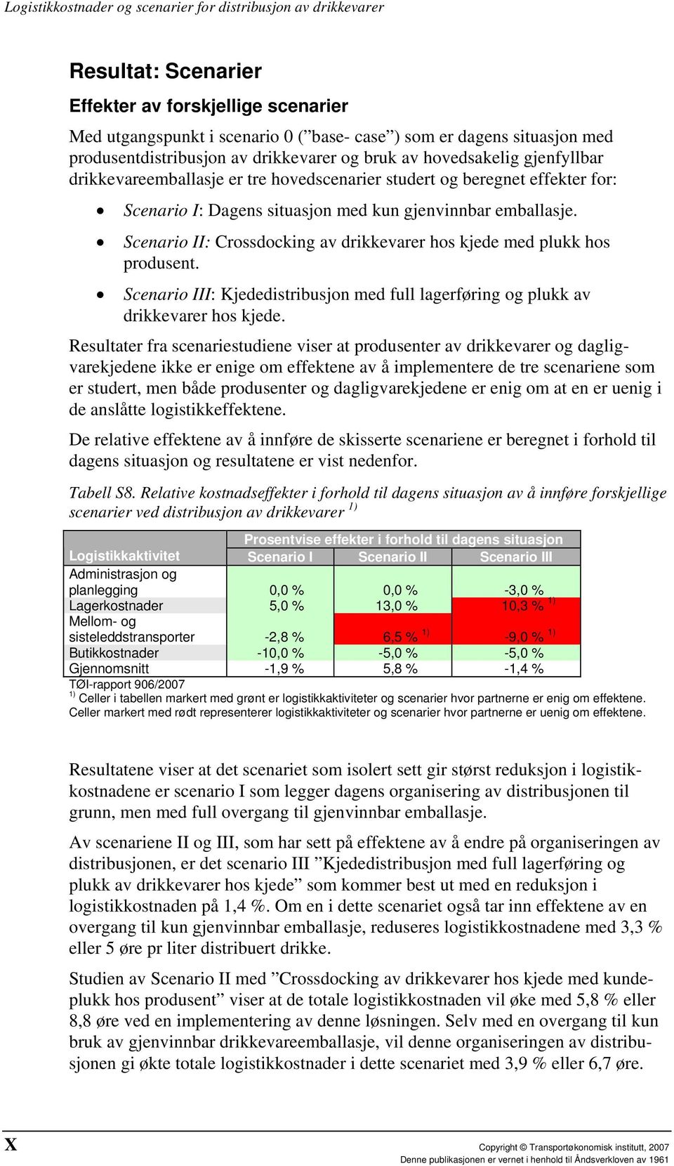 emballasje. Scenario II: Crossdocking av drikkevarer hos kjede med plukk hos produsent. Scenario III: Kjededistribusjon med full lagerføring og plukk av drikkevarer hos kjede.