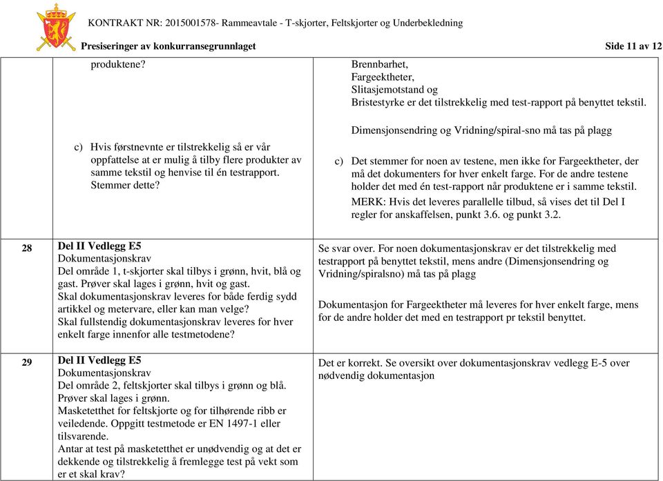 Dimensjonsendring og Vridning/spiral-sno må tas på plagg c) Det stemmer for noen av testene, men ikke for Fargeektheter, der må det dokumenters for hver enkelt farge.